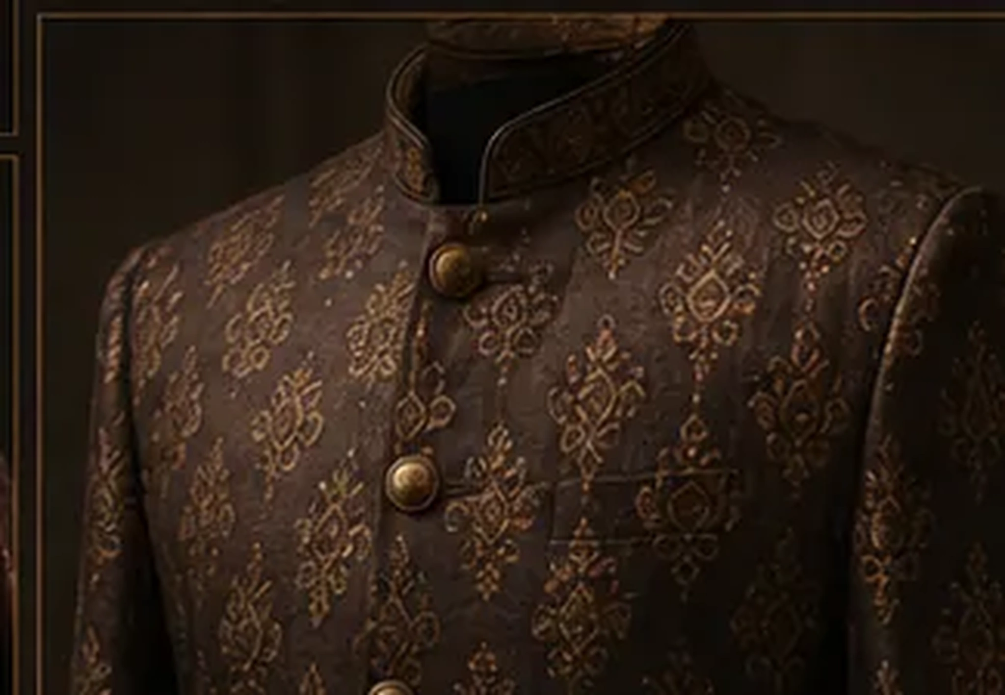 Finished brown textile garment with gold woven detailing